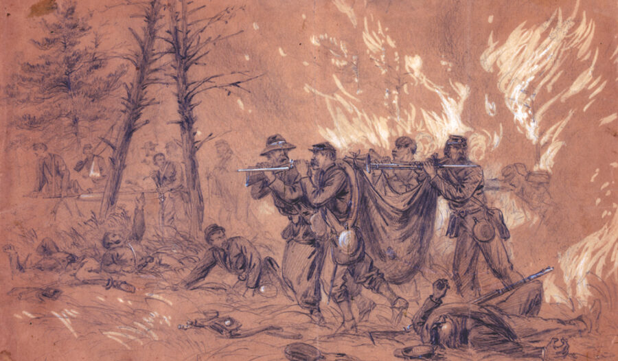 The two days of fighting at the Wilderness produced one of the costliest battles of the Civil War. In some areas, the cries of the wounded grew increasingly desperate as fires roared through the thick timber. The lucky ones got out; some burned to death. Here, sketch artist Alfred Waud depicts Union troops carrying injured comrades from the battlefield—a dramatic scene of motion that a camera of the day simply could not have captured.