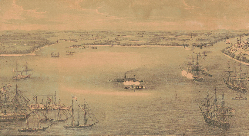 This 1862 lithograph, titled "The Naval Engagement Between the Merrimac and the Monitor at Hampton Roads," was based on a sketch, made "on the spot" during the battle, by Charles Worret, a sergeant in the 20th New York Infantry.