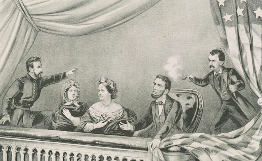 Currier and Ives produced this print of Lincoln’s assassination by John Wilkes Booth at Ford’s Theatre shortly after the event. Sitting beside Mrs. Lincoln are Major Henry Rathbone and his fiancée Clara Harris, daughter of New York Senator Ira Harris, who had accepted the Lincolns’ invitation to attend a showing of the comedic play “Our American Cousin” on the night of April 14, 1865.