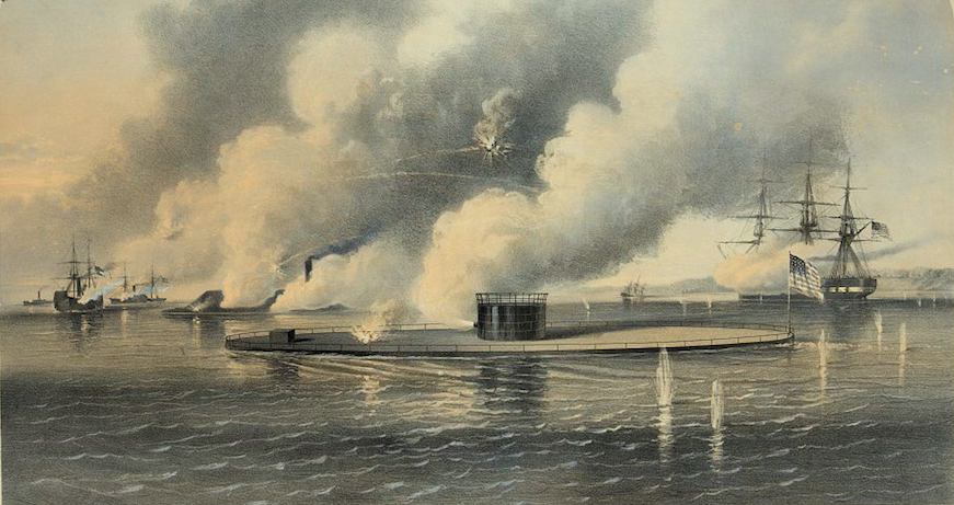 Published in New York City in 1862, USS Monitor is the focus of this lithograph of the "desperate encounter" (per its title) at Hampton Roads. CSS Virginia is almost entirely obscured by smoke in the background.