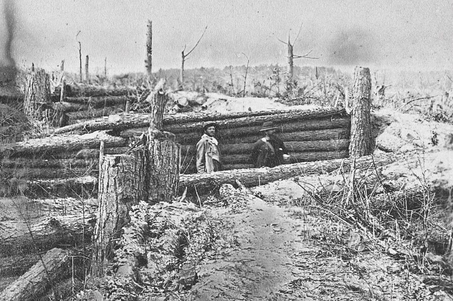 The massive armies moved to the next major crossroads: Spotsylvania Court House, where Lee’s men built sophisticated fortifications to help blunt any possible enemy assault. The grandest in a series of Union attacks came on May 12 at the center of the Confederate line upon the salient known as the Mule Shoe, resulting in one of the most savage clashes of the war. Even when photographer G.O. Brown toured the battlefield after the war, the Confederate defenses (some of them shown here) were still impressive.