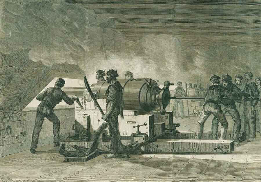 This print, published during the war in the French publication Le Monde Illustre, shows Confederate sailors aboard CSS Virginia loading and firing their guns during the fight with USS Monitor.