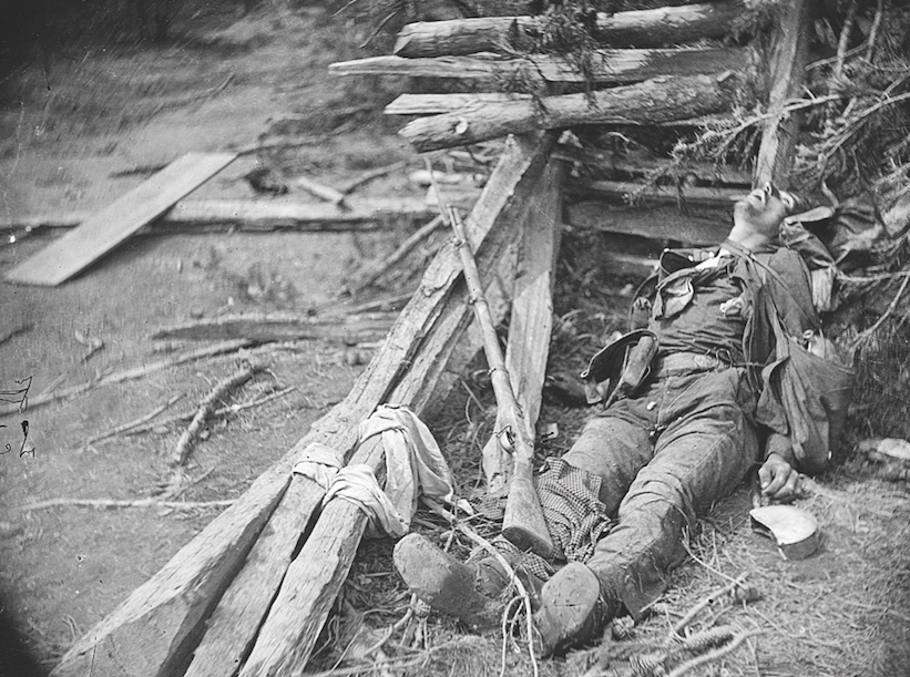 The fighting at Spotsylvania lasted for days and left tens of thousands of casualties in its wake. In 17 days, Grant’s campaign had already produced two of the five bloodiest Civil War battles. The dead and wounded lay everywhere, including this unidentified Confederate soldier killed on May 19 near Harris Farm. This photograph by O’Sullivan is one of six he took at Harris Farm on the day after the battle fought there; they are the only photos showing dead bodies on the field in the deadliest of all Civil War campaigns.