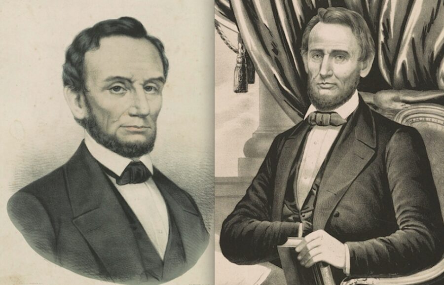 After Lincoln was elected in November 1860, Currier and Ives issued a number of updated profiles—including the two shown here—of the new president to include the beard he had started growing shortly before the election.