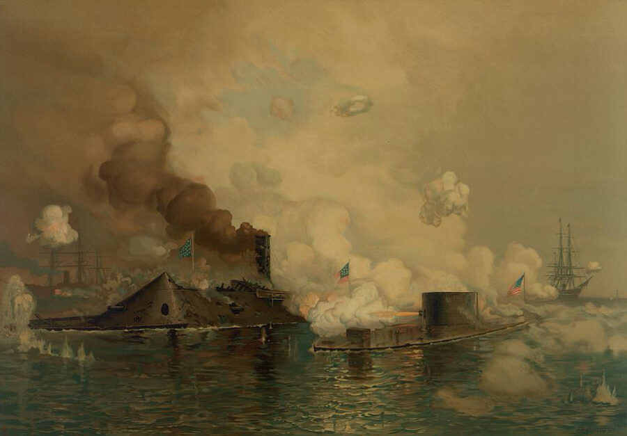 J.O. Davidson’s work, "The Monitor and Merrimac: The First Fight Between Ironclads," was published in 1886 by L. Prang & Co. of Boston.