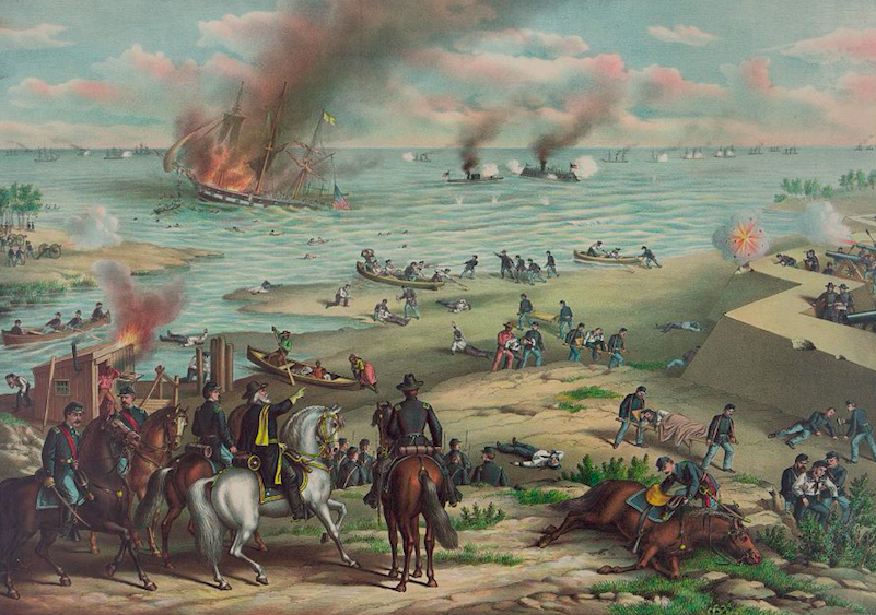 Kurz & Allison's 1889 lithograph "Battle Between the Monitor and Merrimac" focuses more attention on a dramatized depiction of Union activity on the shore than it does the clash between the ironclads, depicted in the distance at center.