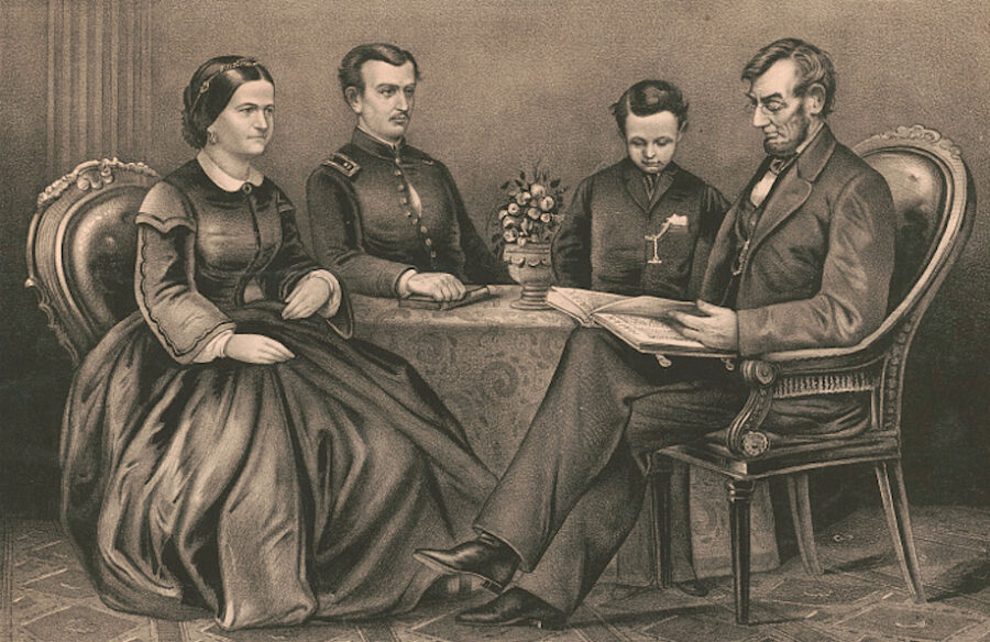 “The Lincoln Family,” a print from 1867, shows the Lincolns—left to right, Mary, Robert, Theodore (“Tad”), and Abraham—as they appeared during the war. Absent is William (“Willie”), the Lincolns’ 11-year-old son who died of typhoid fever in 1862.