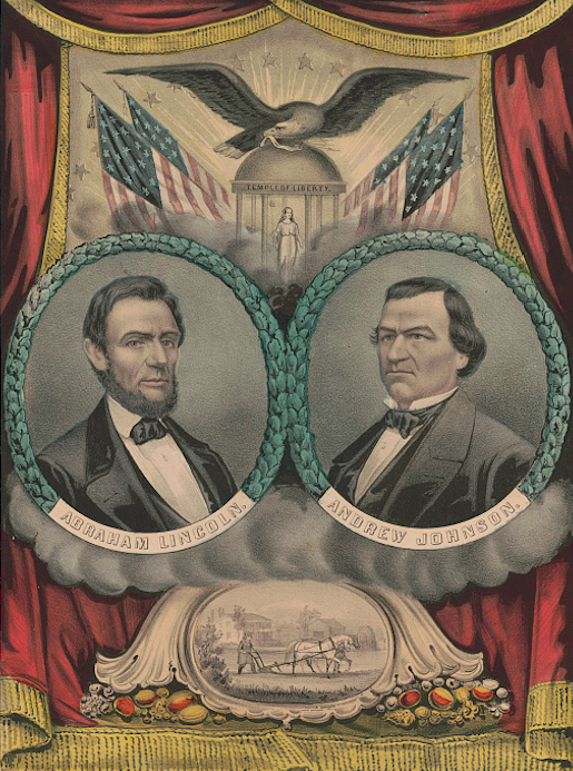 Currier and Ives produced a variety of prints relating to the presidential campaign in 1864. Shown here is a banner produced for Lincoln and running mate Andrew Johnson. Above their portraits is a “Temple of Liberty” with an eagle perched atop it. At the bottom is a scene of a farmer plowing his fields, flanked on both sides by cornucopias spilling over with fruit, a representation of the promise of peace and prosperity that would accompany Lincoln’s reelection.
