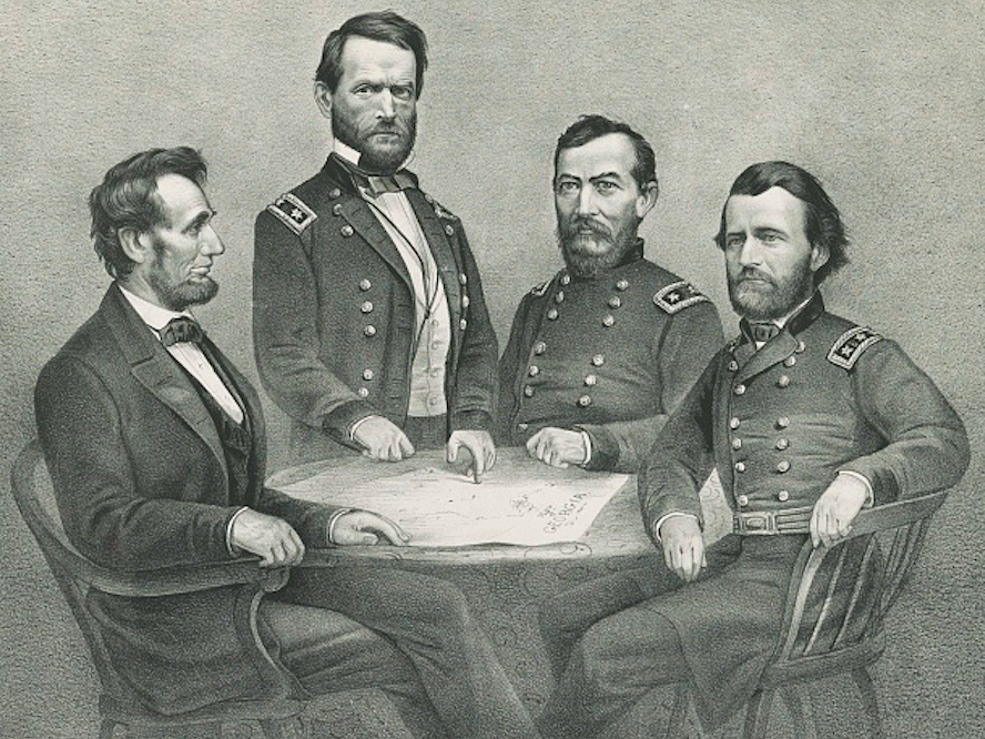 This 1865 print shows Lincoln (far left) during a visit to General Ulysses S. Grant’s headquarters at City Point, Virginia, in March—a month before war’s end. With Lincoln and Grant (far right) are Union generals William T. Sherman (left) and Philip Sheridan.