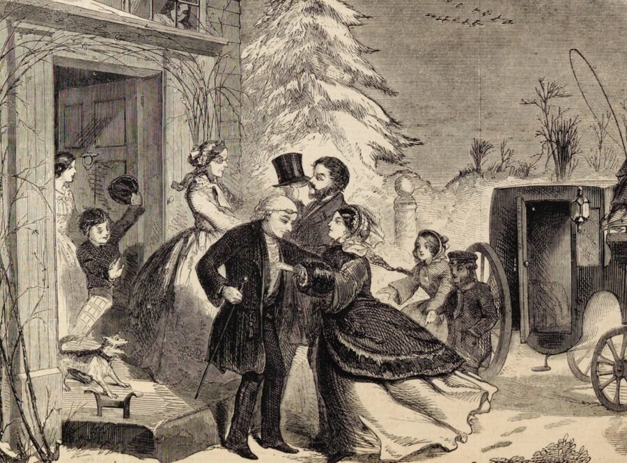Another scene from Harper's Weekly in 1858 titled "Thanksgiving Day—Arrival at the Old Home."