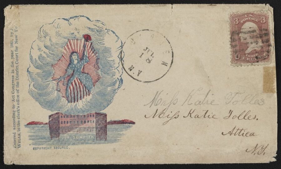 Commemorative images of prominent battles often adorned Civil War envelopes. After the fight for Fort Sumter, patriotic northerners utilized envelopes depicting the fallen U.S. bastion as a way to show support for the Union cause and pay homage to the war's opening salvo. In this envelope, Lady Columbia rises from Fort Sumter, armed and ready for battle.  