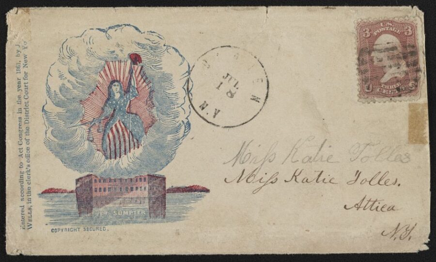 Commemorative images of prominent battles often adorned Civil War envelopes. After the fight for Fort Sumter, patriotic northerners utilized envelopes depicting the fallen U.S. bastion as a way to show support for the Union cause and pay homage to the war's opening salvo. In this envelope, Lady Columbia rises from Fort Sumter, armed and ready for battle. 