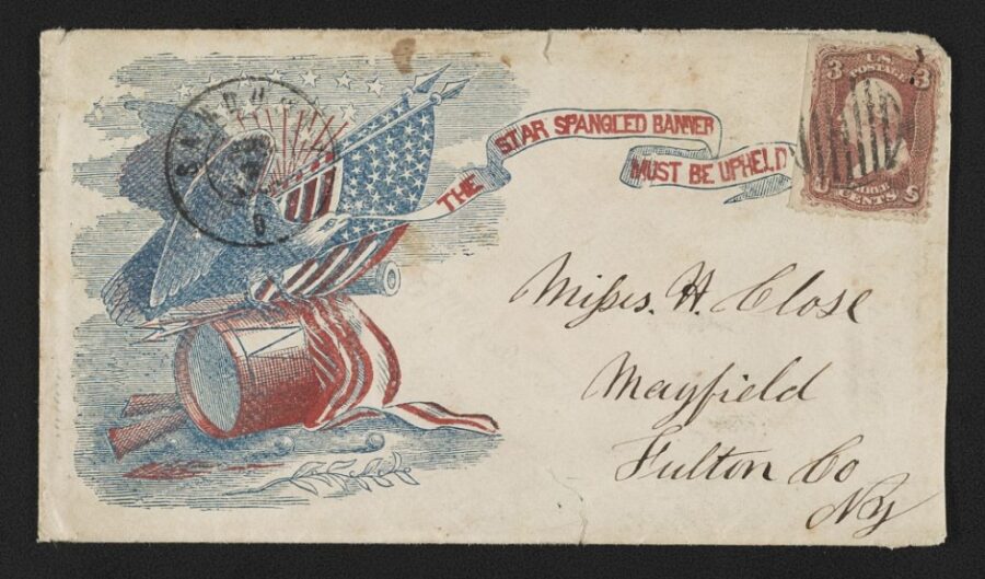 References to the national flage were prominent in both illustrative and literary forms. Wartime envelopes, like the one above, incorporated phrases such as "The Star Spangled Banner Must Be Upheld," "Shoot the first man that attempts to pull down the American flag," or "The Red, White, and Blue."
