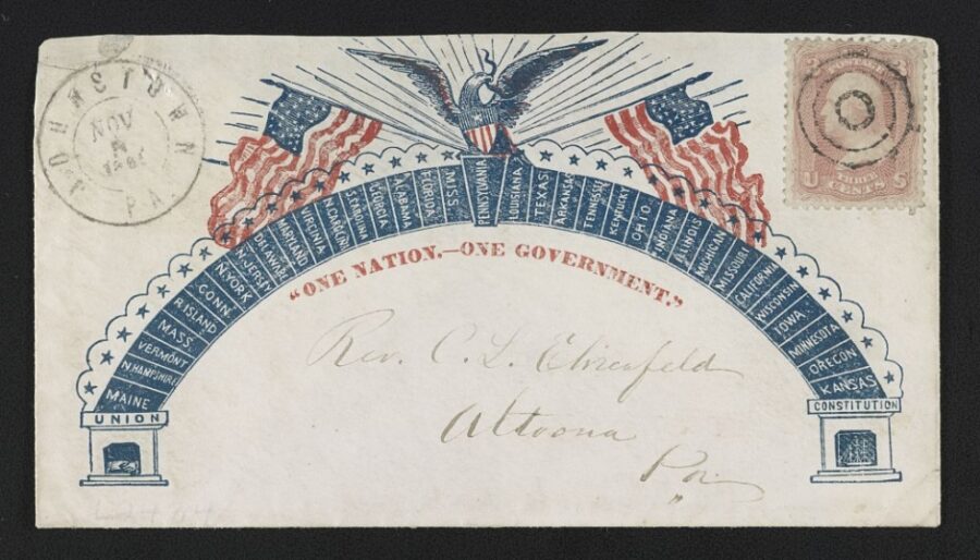 In addition to patriotic images and text, Union wartime envelopes often included references to the northern states, or, in the case of the above image, the entire United States.