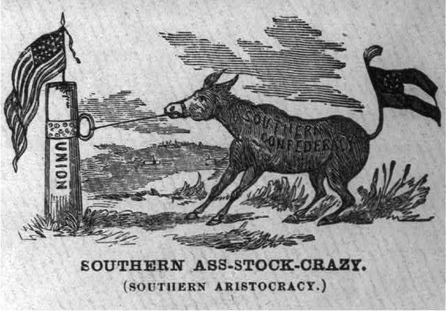 Many northern envelopes utilized cartoons and caricatures to criticize southerners and the Confederate cause. Common themes included the mocking of the southern slavocracy, as illustrated in this graphic, which depicts the Confederacy as a stubborn mule trying to pull away from the Union.