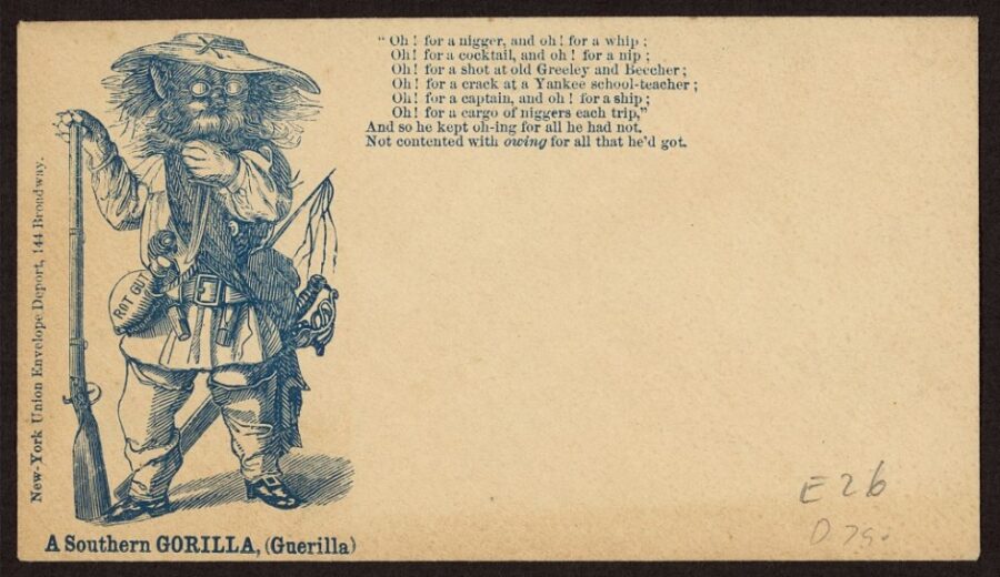 The alleged backwardness of guerrilla fighters was another theme in wartime envelopes. Here, a guerrilla is depicted as a gorilla, and an accompanying poem criticizes the fighter for his grumpy, thankless, and whiny attitude. While such illustrations made light of the war and its causes, this use of satire was indicative of soldiers' need to counter the grim realities of war with humor.