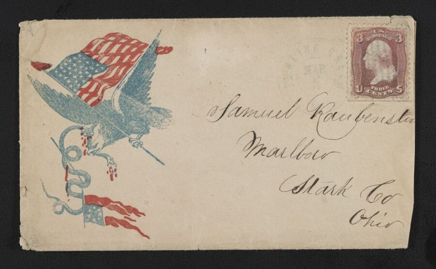 Northern envelopes also employed graphic symbolism to attack the Confederacy. Images, such as the bald eagle slaughtering a serpent shown here, were common and conveyed a fervent sense of Union patriotism.