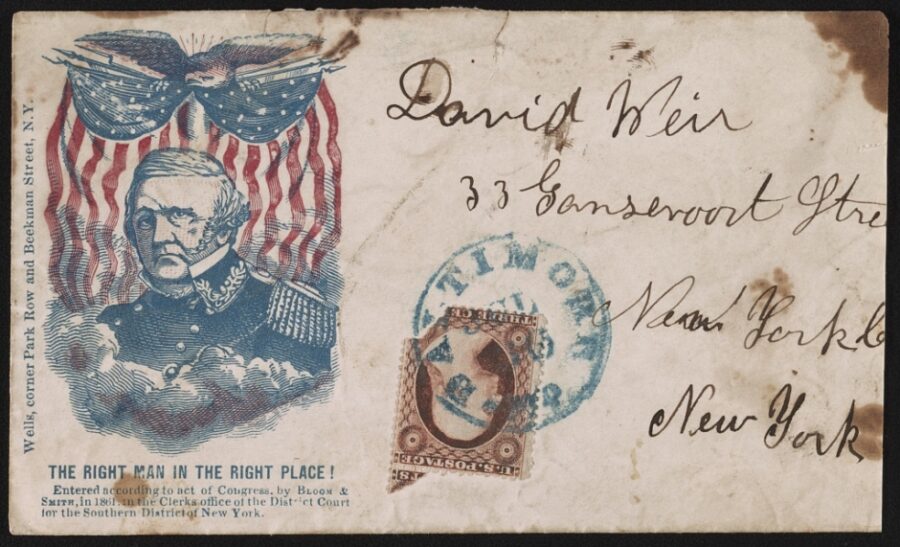 Venerable U.S. General Winfield Scott—a popular and familiar figure who was central to the initial federal war effort—is featured on this northern envelope.