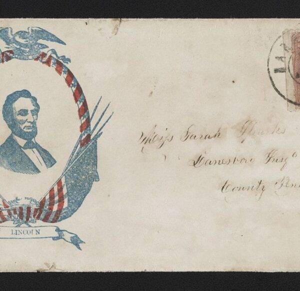 This Civil War envelope shows president Abraham Lincoln surrounded by an eagle and American flags.