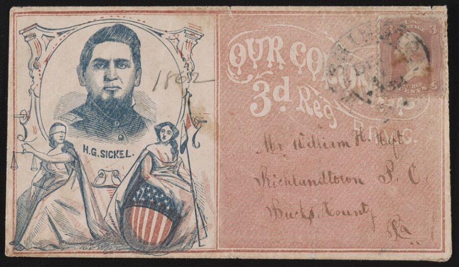Less prominent figures also found themselves featured on envelopes, as local communities and individual regiments paid homage to their own military leaders. Here, the 32nd Pennsylvania Infantry's Horatio Gates Sickel is identified as "Our Colonel" on an envelope no doubt used regularly by the regiment's men.