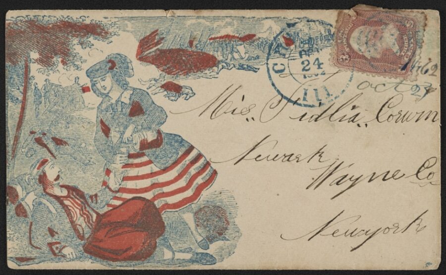 Civil War envelopes also paid tribute to the service and sacrifice of female citizens. In this image, a young woman offers a wounded soldier a drink of water as a battle rages in the distance. Such a graphic recalled the efforts of the U.S. Sanitary Commission, various orders of Catholic nuns, and the nearly 2,000 women who served as nurses in various military hospitals during the conflict.