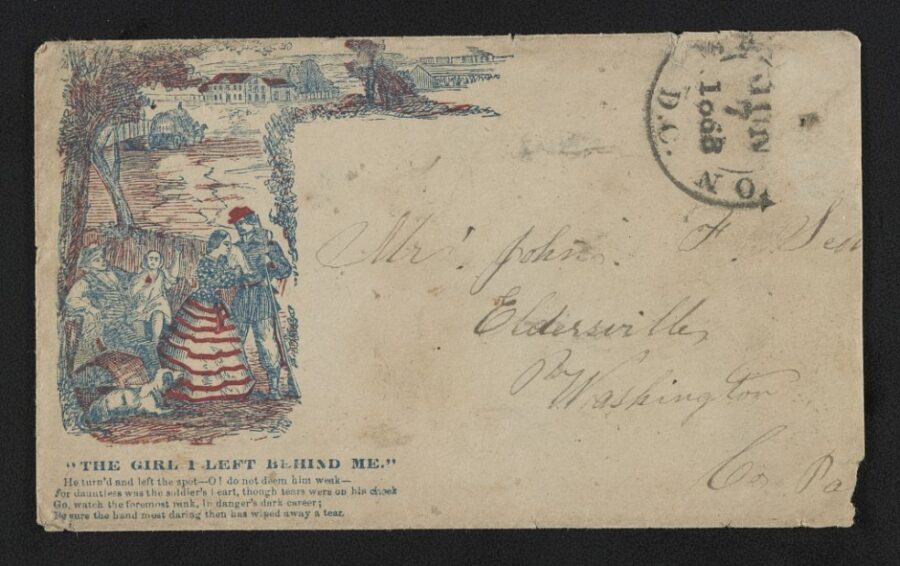 While the drawing on this envelope depicts a sentimental farewell scene, the accompanying poem ("The Girl I Left Behind Me") heralds the bravery and duty of the soldier, noting his "daring" and "daunting" heart.
