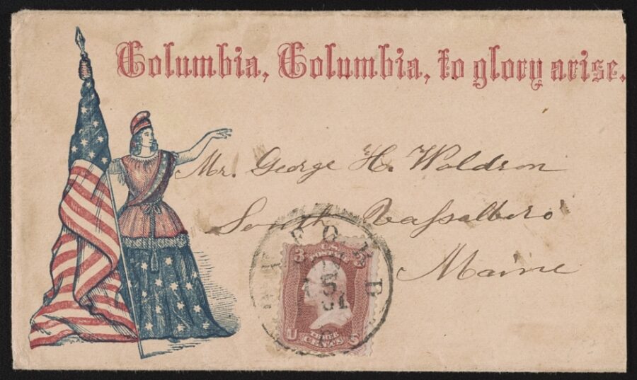 Other wartime envelopes (such as the above example) heralded the Union cause through patriotic imagery, such as the bald eagle, the American flag, or Lady Columbia. While few examples of Confederate envelopes survived the war, they too likely bore patriotic images such as the Confederate flag, a portrait of President Jefferson Davis, or the insignia of individual southern states. Phrases such as "Don't Tread on Us" were also common, rallying Confederates behind the cause of states' rights.