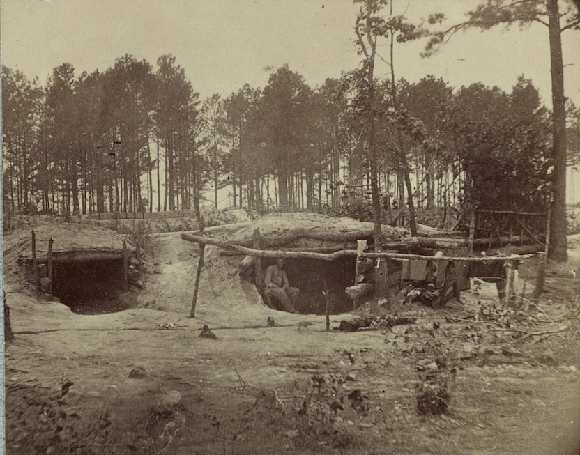 Bombproof huts in the Union line before Petersburg, Virginia, in August 1864.