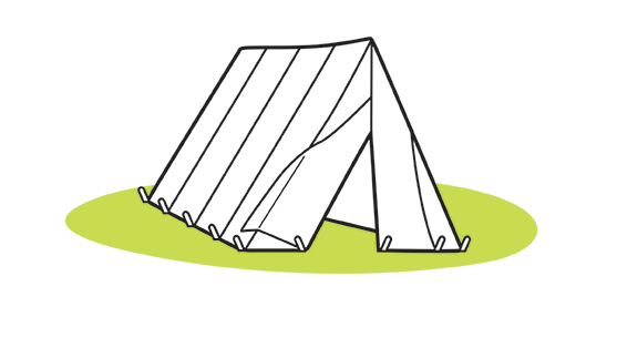 “A” tent (also known as a “Wedge” tent). Capacity: 4–5 men. These simple canvas tents stretched over an approximately 6-foot-long horizontal bar, which was supported by two vertical posts of about the same length. When pitched, “A” tents covered an area of nearly 7 square feet, making for tight quarters for its inhabitants.