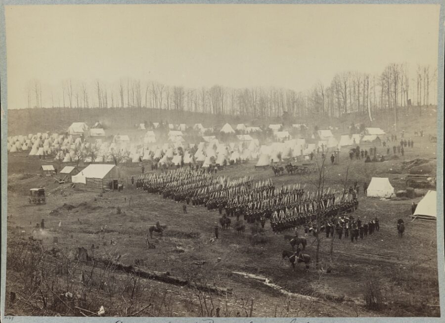 A variety of tents—most of them "A" tents—cover the ground in this undated photo of the camp of the 36th Pennsylvania Infantry.
