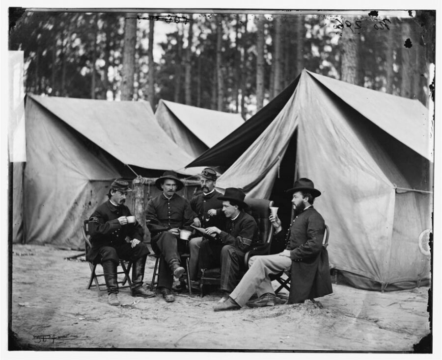 The hospital tents, and stewards, of the Second Division, IX Corps, Army of the Potomac in camp during the Petersburg Campaign.