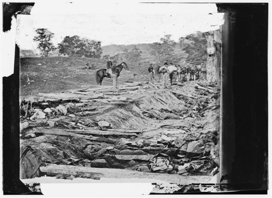 Ditch with bodies of soldiers on right wing used as a rifle pit by Confederates