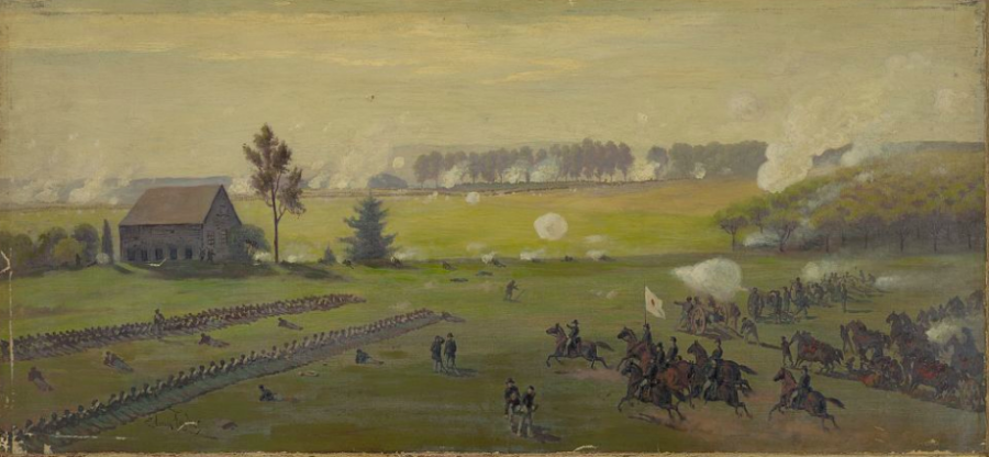 On the battle's second day, July 2, 1863, Union general Daniel Sickles and his staff (on horseback) inspect the lines of the III Corps on the edge of the Peach Orchard. Confederate forces can be seen massing for an attack in the distance. 