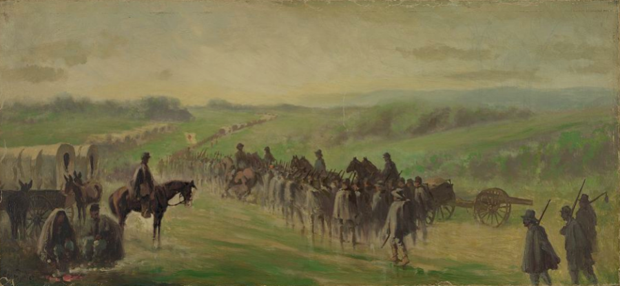 Union soldiers pursue Lee's retreating army in the rain. They men depicted here are on the road near Emmitsburg, Maryland.