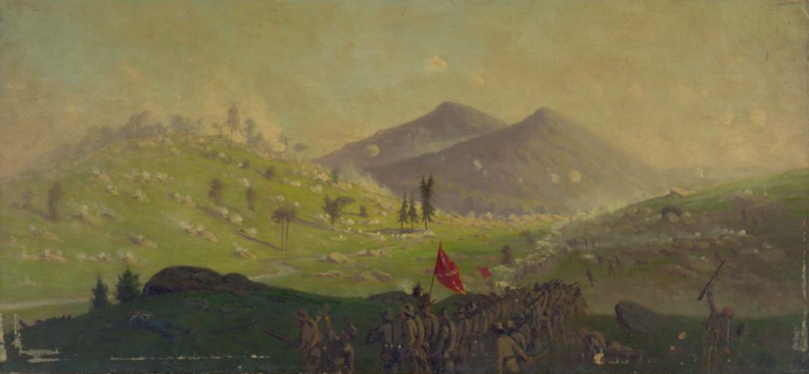 Confederate infantrymen advance upon Union forces positioned along the rocky slope of Little Round Top. Note how Forbes has incorrectly depicted nearby Big Round Top, which he's shown as having two peaks instead of one.