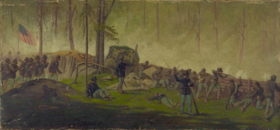 The fight for Culp's Hill continued into the following day. The hill's Union defenders, shown here during the morning of July 3, constructed an impressive array of breastworks behind which they fired upon the attacking Confederates.