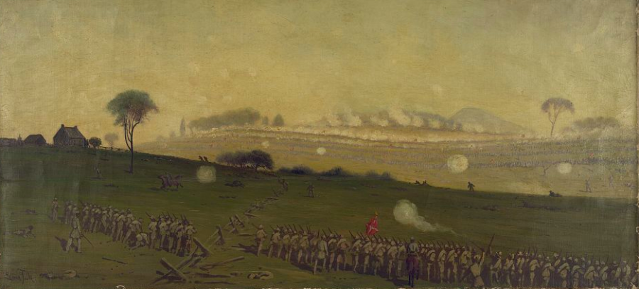 Three Confederate infantry divisions advance upon the center of the Union line during the afternoon of July 3. Known to history as Pickett's Charge, the Rebel attack proceeded over nearly a mile of open ground before reaching its objective. The famed copse of trees, located at the heart of the Union position, can be seen at right; Ziegler's Grove is at left.