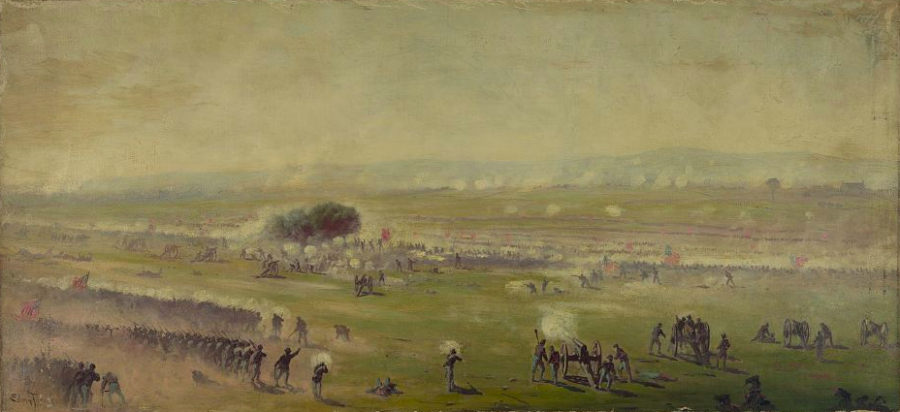 A closer view of Pickett's Charge, shown from the Union perspective. Rebels breach the Union line at the copse of trees, pictured at center-left. Their success was short-lived, however, as Union reinforcements helped push the Confederates back. With the charge's failure, General Robert E. Lee in effect sounded the end of the 3-day battle, opting to begin readying his army for its return to the relative safety of Virginia.