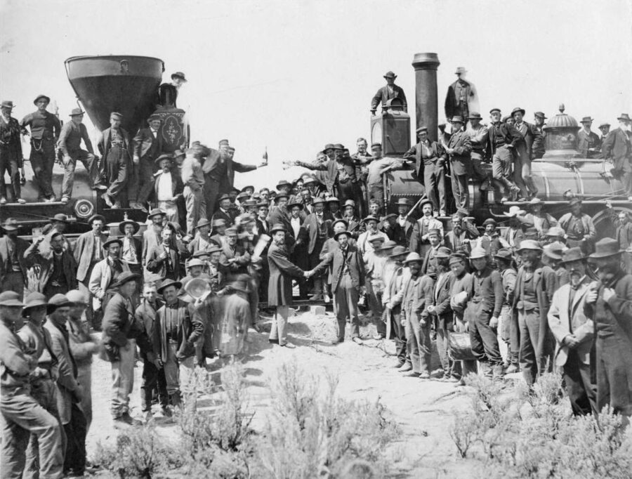 A ceremony marks the completion of the transcontinental railway in 1869