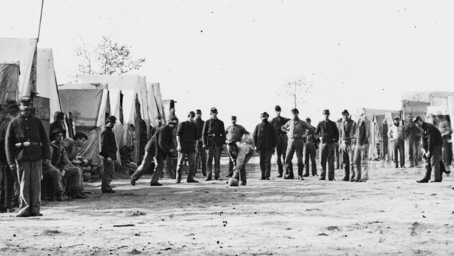Union soldiers "playing ball" in camp