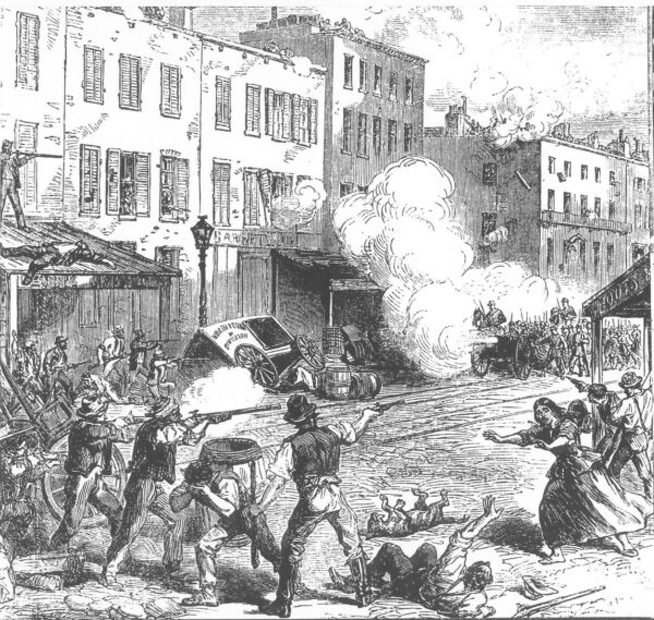 Union soldiers fire into a mob of protesters during the New York City Draft Riots