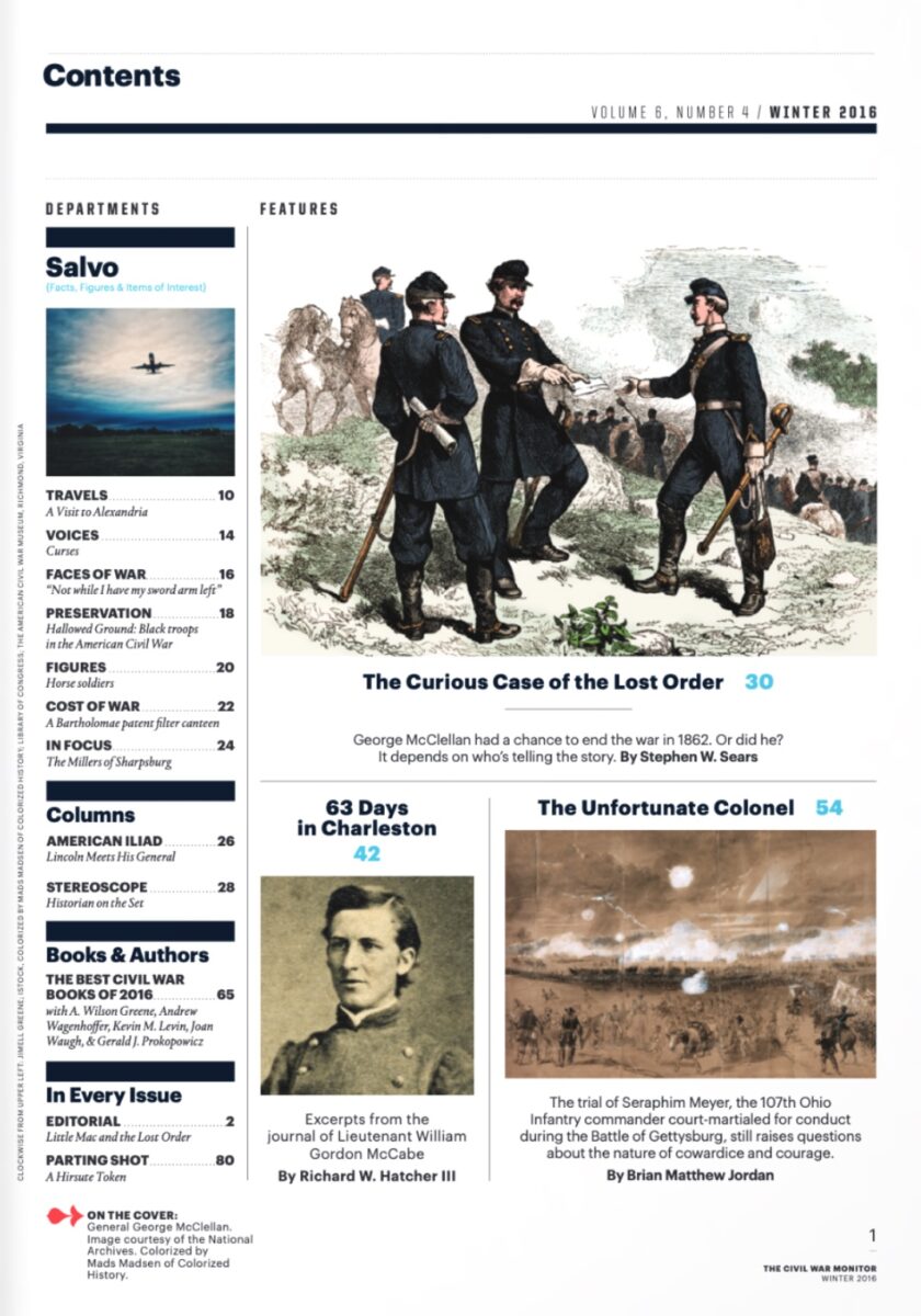 Winter 2016 issue of The Civil War Monitor Table of Contents