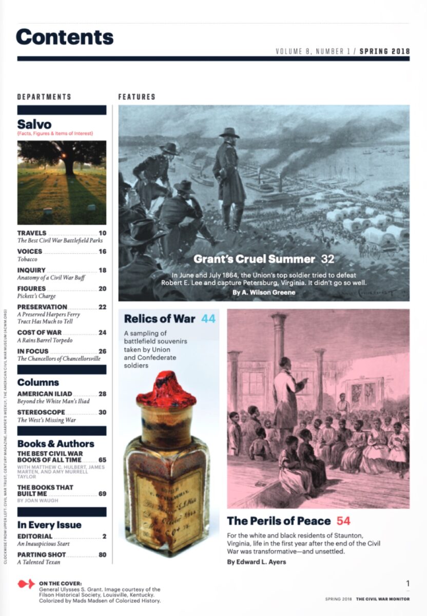 Spring 2018 issue of The Civil War Monitor Table of Contents