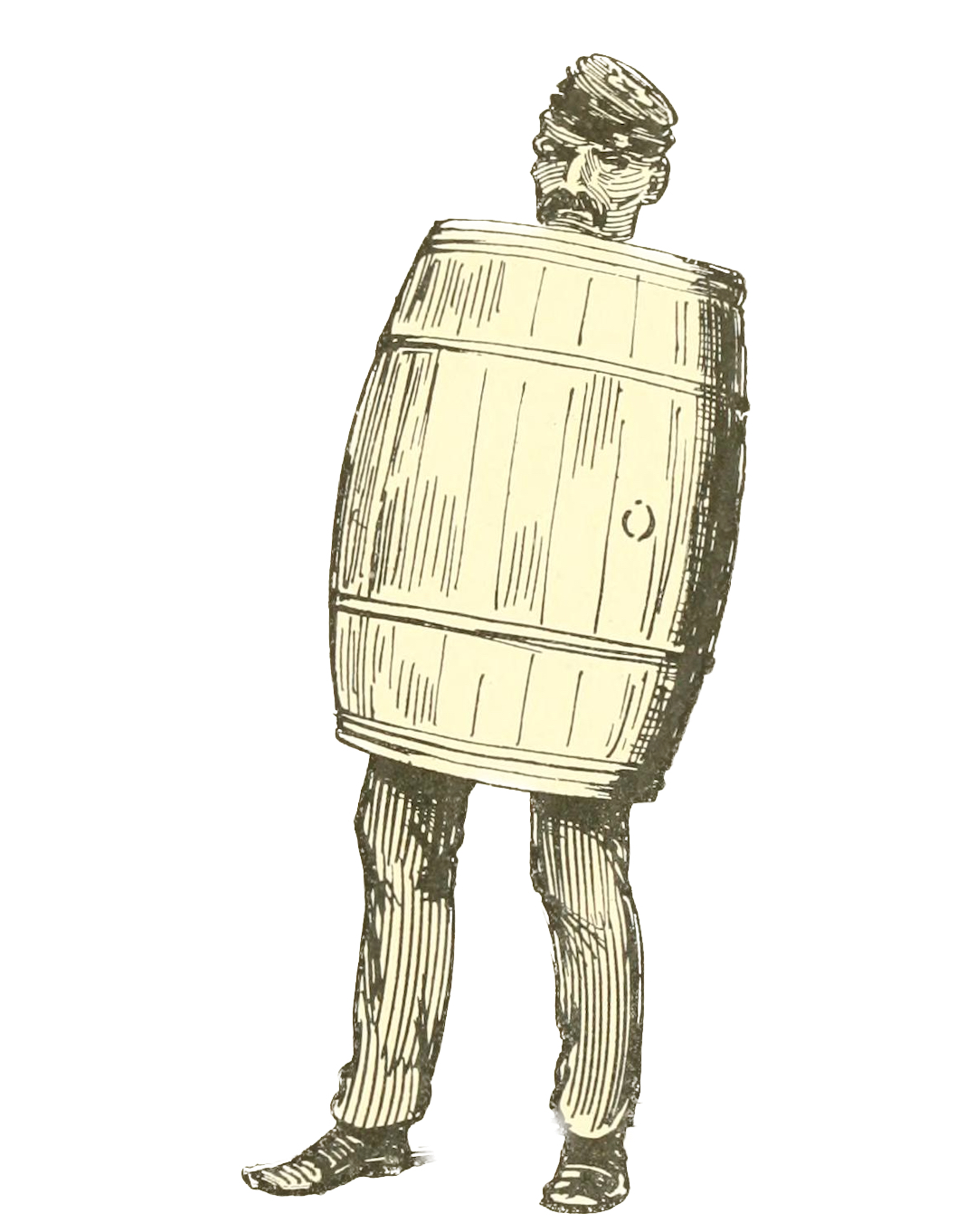A Civil War soldier wears a barrel overcoat as a punishment.