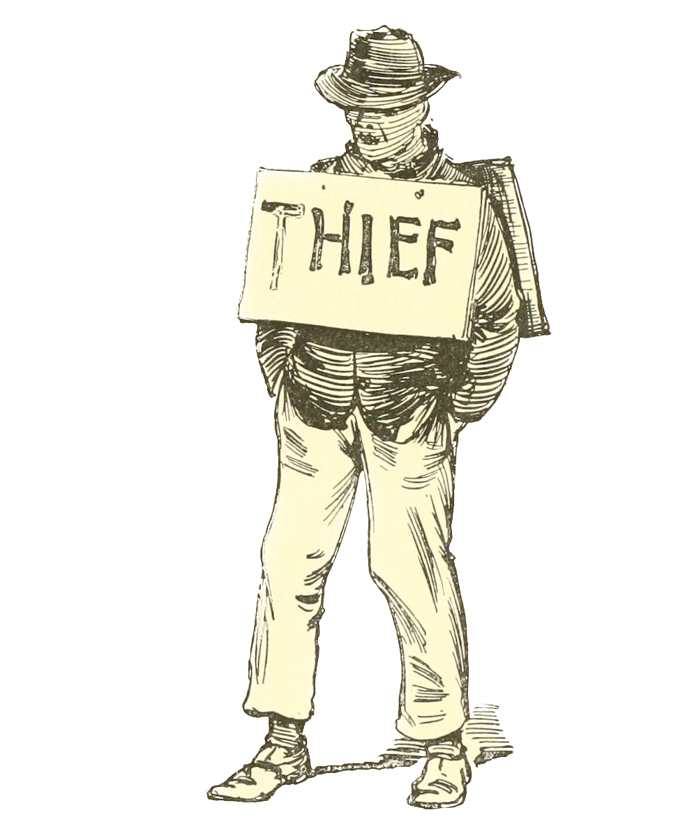 A Civil War soldier wears a sign that says 'Thief' as punishment
