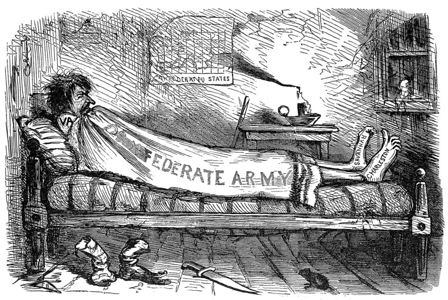 Political cartoon of a lanky man trying to cover his body with a short blanket, leaving his feet exposed.