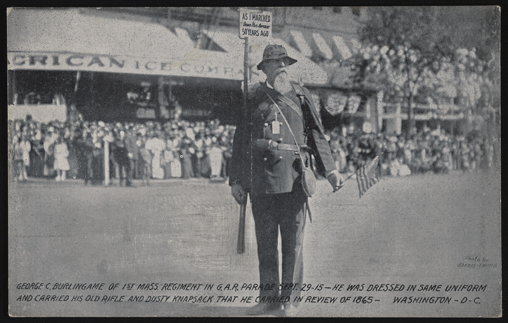 Dressed in his Civil War uniform, George Burlingame, veteran of the 1st Massachusetts Infantry, takes part in a parade held by the veterans’ organization Grand Army of the Republic (GAR) in September 1915