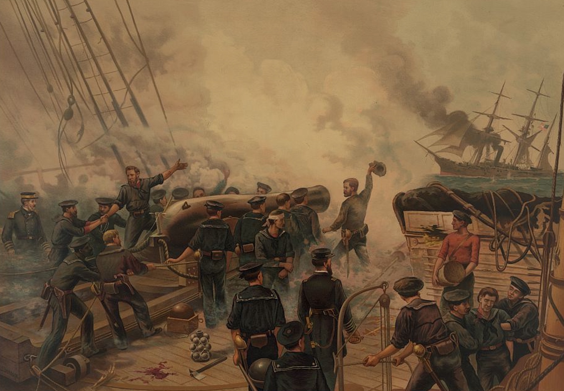  L. Prang & Co.'s 1887 color lithograph of the battle between USS Kearsarge and CSS Alabama, fought off Cherbourg, France, on June 19, 1864.