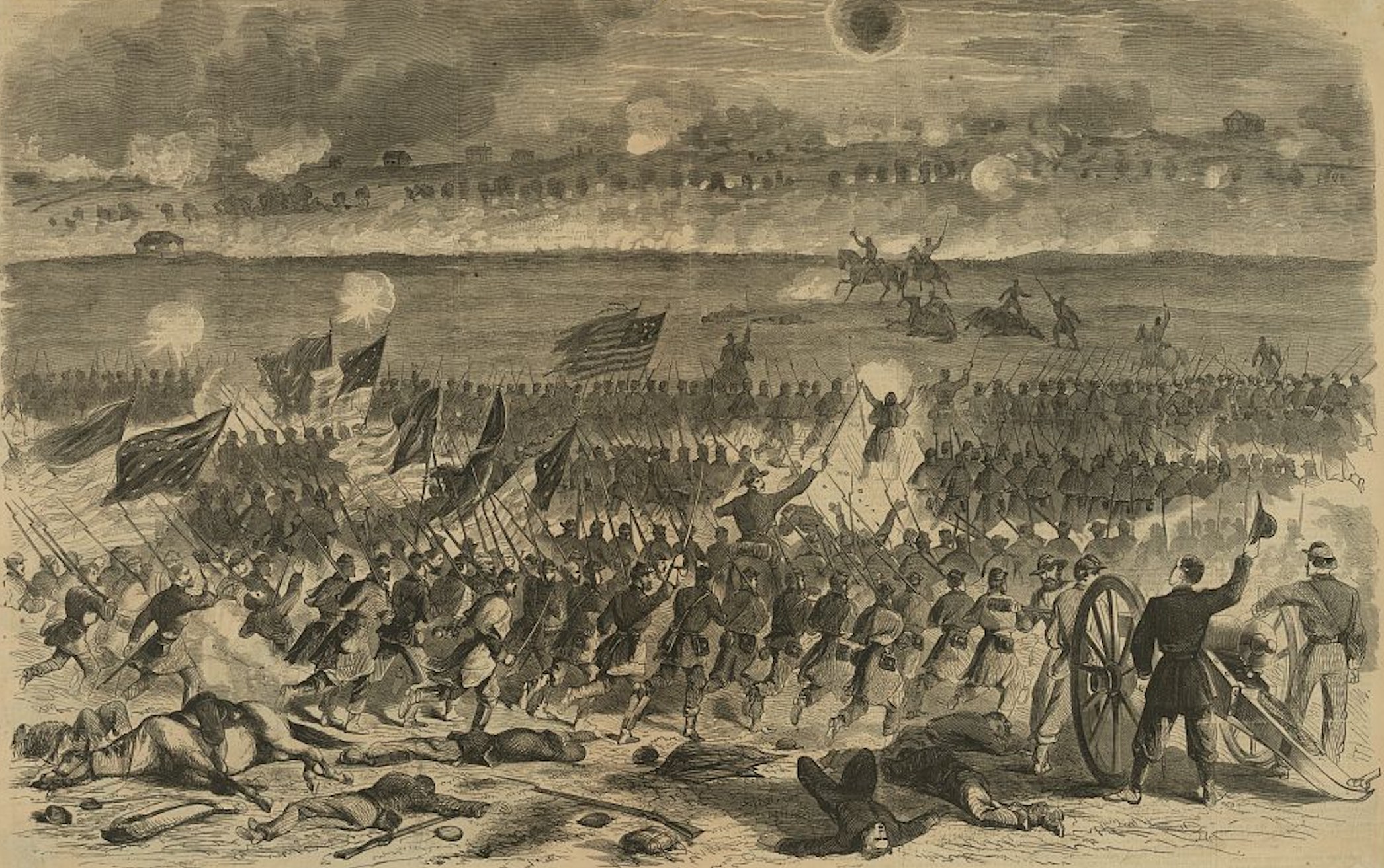 Union soldiers advance toward the Confederate defensive position during the Battle of Fredericksburg.