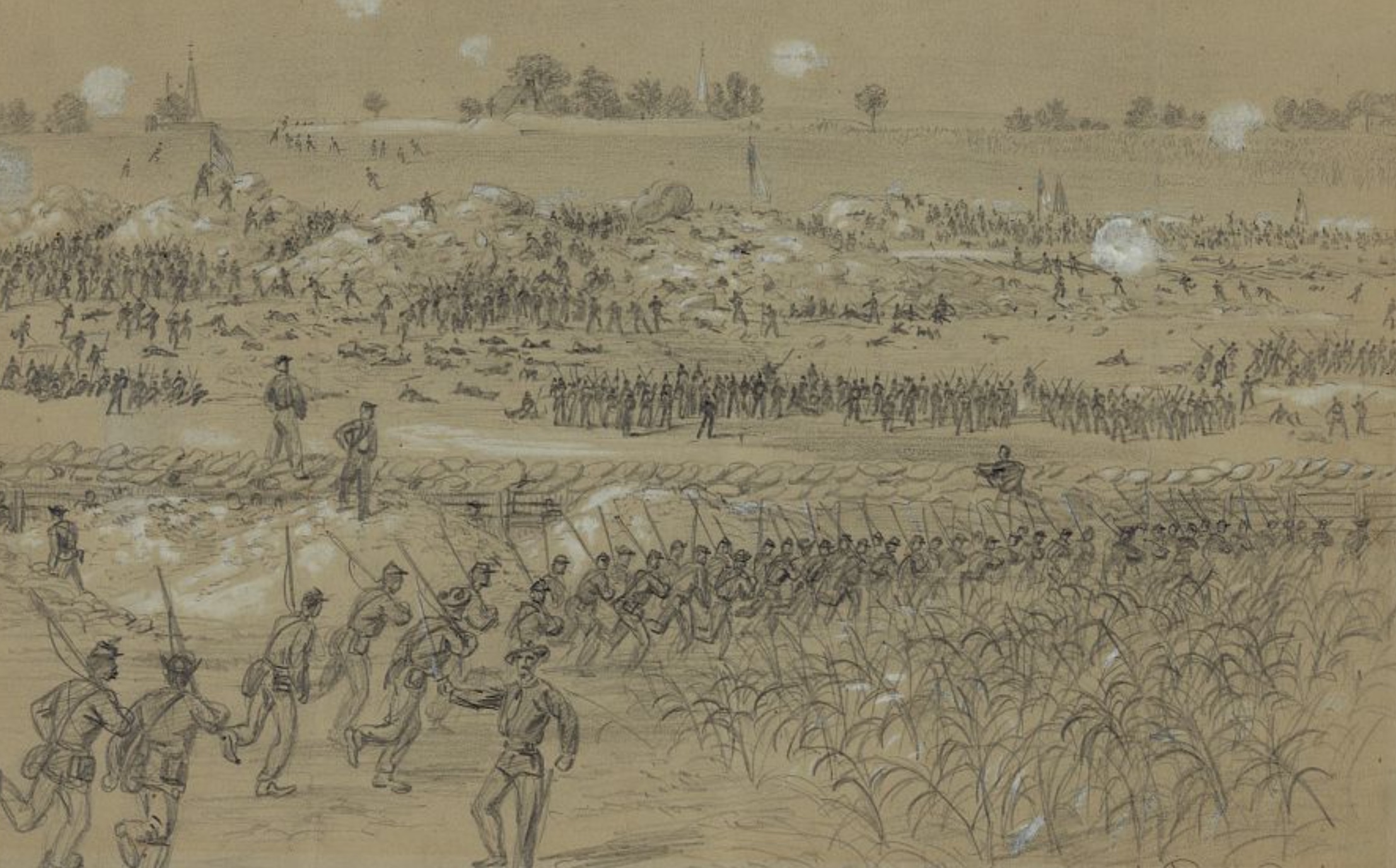 Union soldiers advance toward the crater shortly after the mine explosion in a sketch by Alfred Waud.